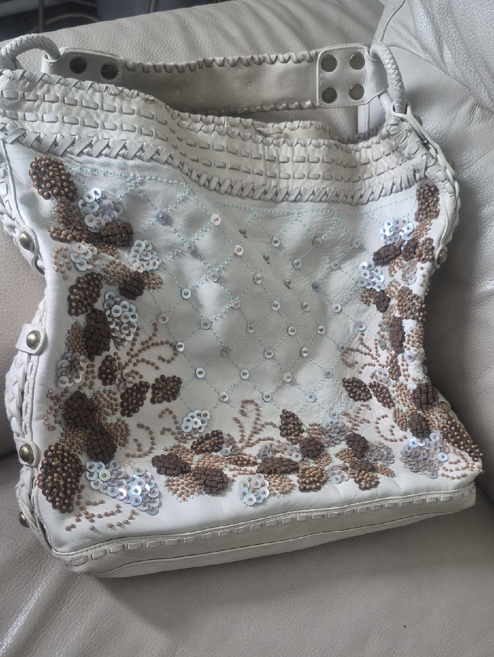 Isabella Fiore White Shoulder Bag with Brown Bead & Sequin Floral Detail